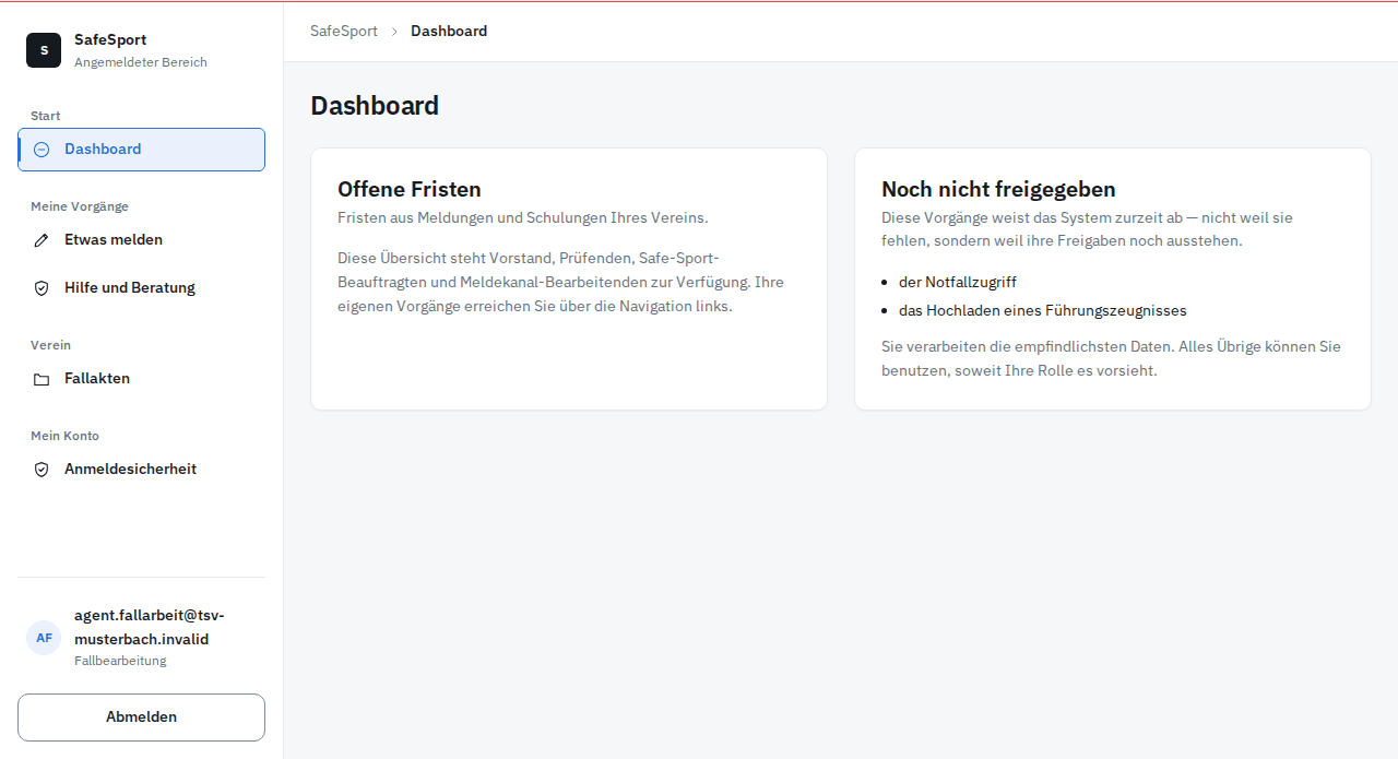 Übersichtsseite: links die Navigation des Vereins, rechts der Stand der Nachweise als Zählkreise und die Fristen dieser Woche als Tabelle.