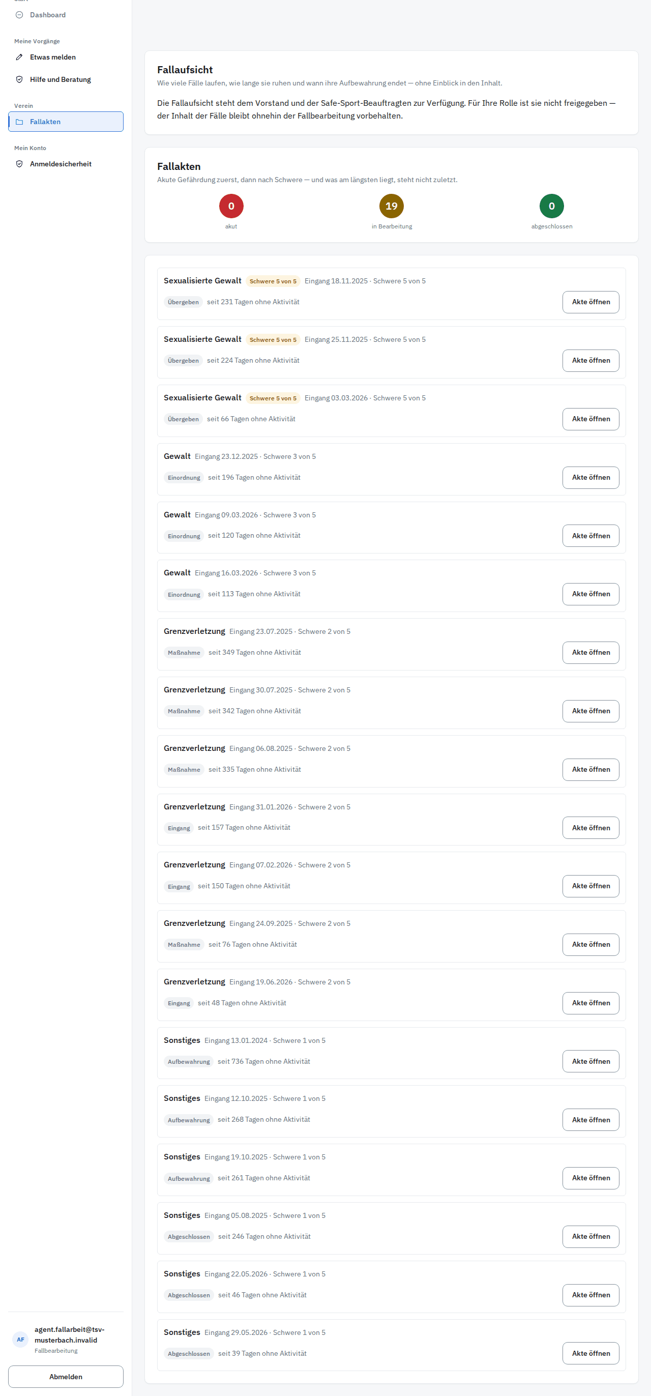 Ansicht eines Vorgangs: links der Verlauf mit Zeitpunkt, handelnder Person und Schritt, rechts die Liste der Personen mit Zugriff und dem Grund dafür.